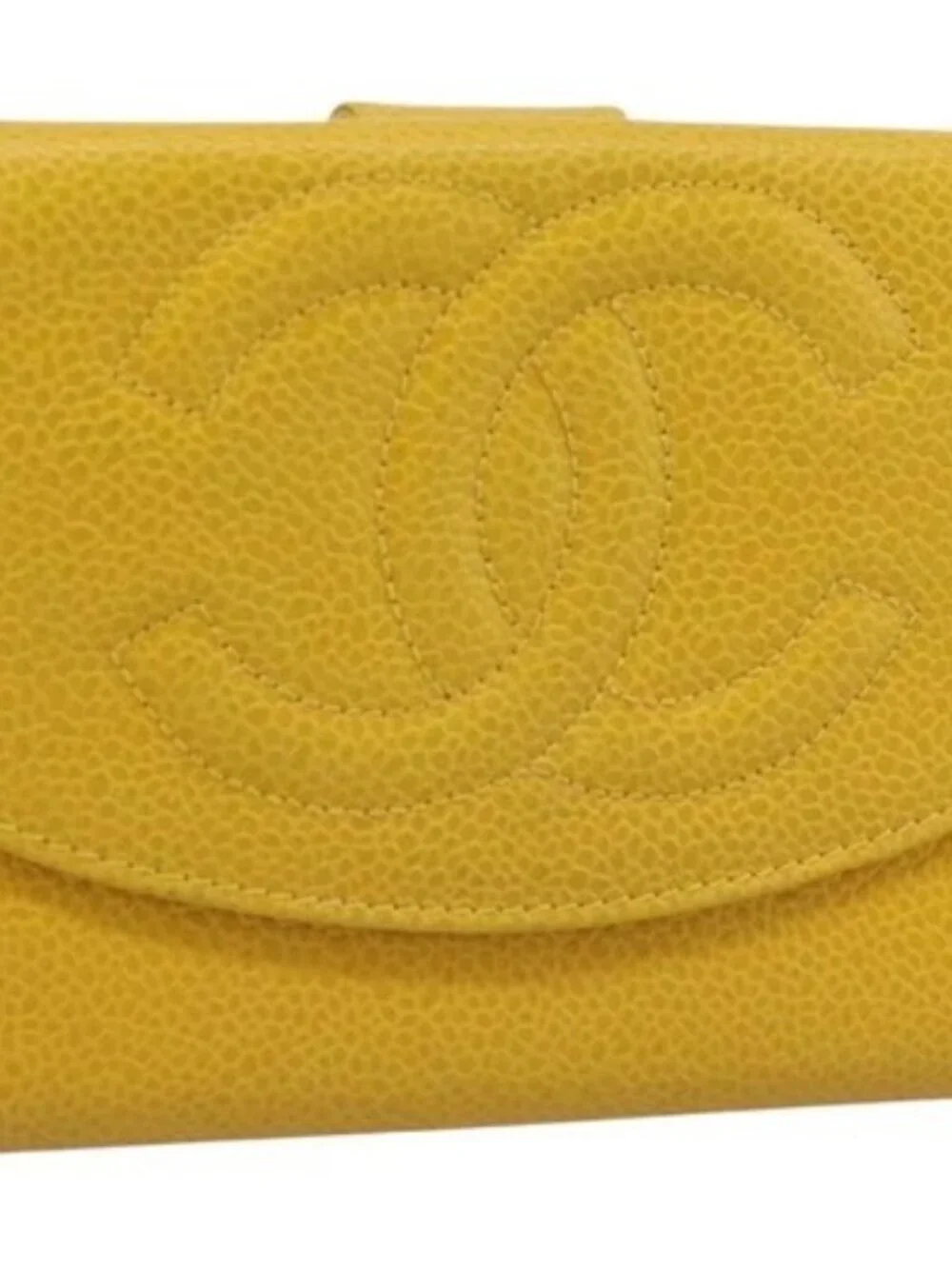 CHANEL COCO Mark Bifold Wallet Grained Calf Skin Yellow CC Auth 188105M